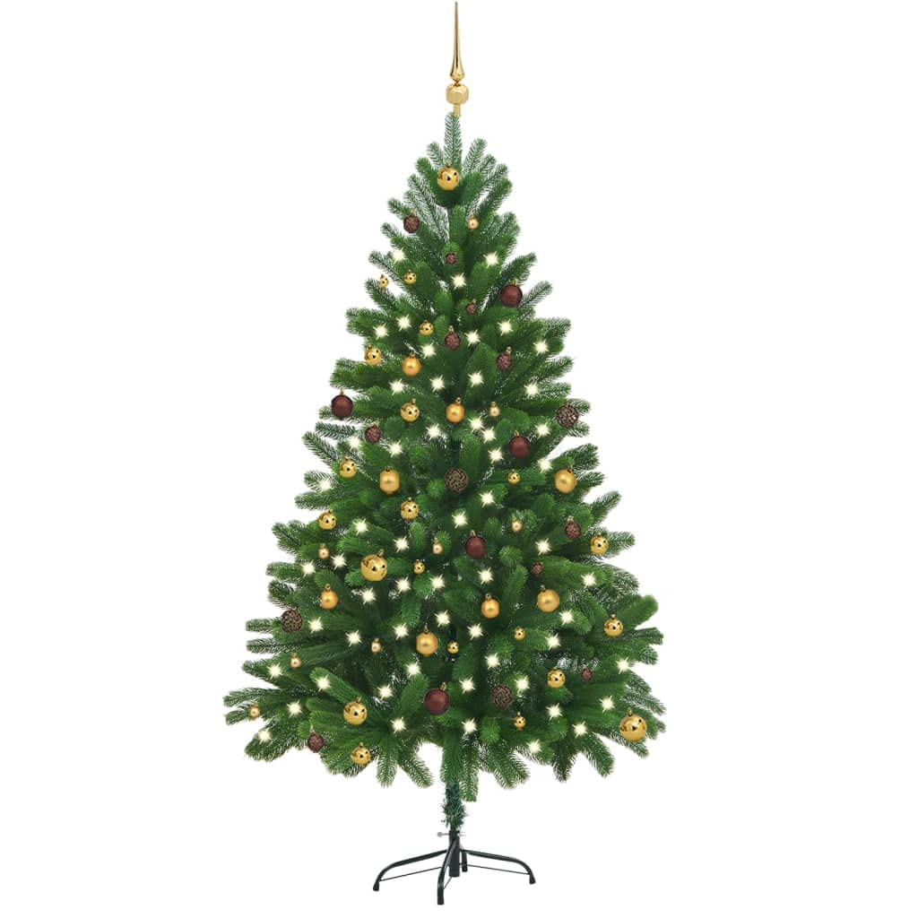 vidaXL Artificial Christmas Tree - 82.7&quot; Tall, Pre-lit with LED Lights, with Decorative Balls & Peak, Realistic Green PE Branches, Stable Steel Base