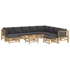 vidaXL 11-Piece Outdoor Patio Lounge Set with Dark Gray Cushions, Bamboo Material, Includes Modular Sofas, Footstool, Table, Farmhouse Style for Garden and Balcony