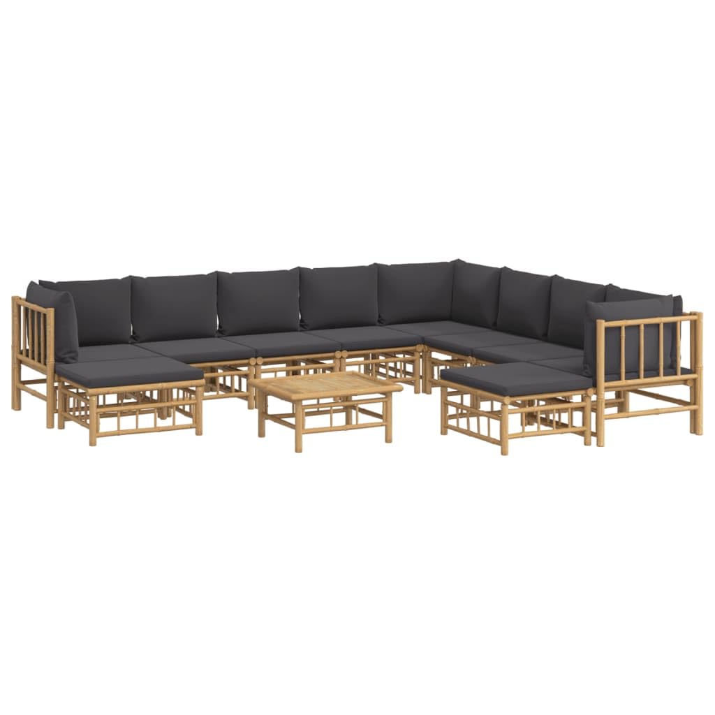 vidaXL 11-Piece Outdoor Patio Lounge Set with Dark Gray Cushions, Bamboo Material, Includes Modular Sofas, Footstool, Table, Farmhouse Style for Garden and Balcony