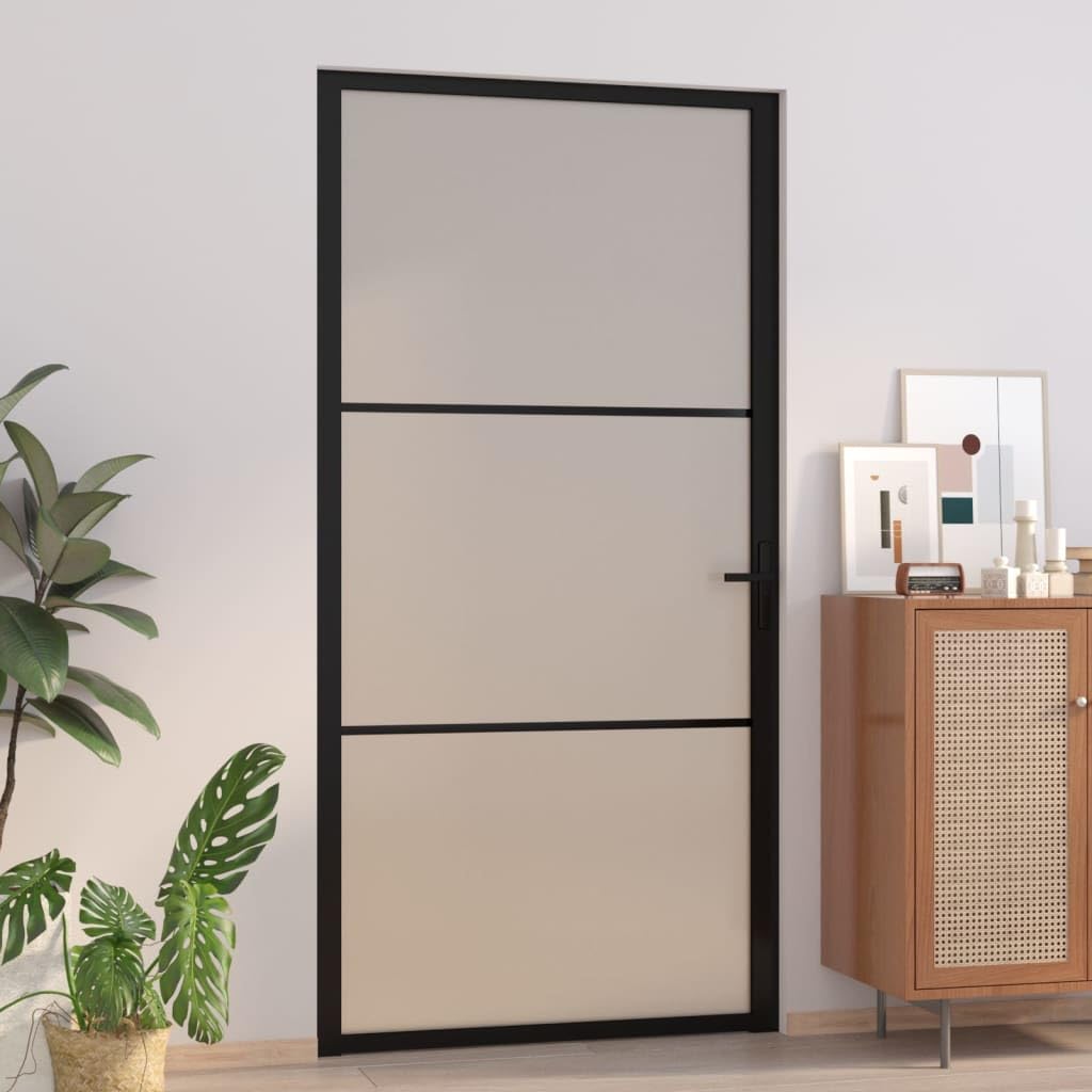 vidaXL Modern Interior Door with Matt Black Glass Panel and Aluminium Alloy Handle - Durable Tempered Glass for Home and Office