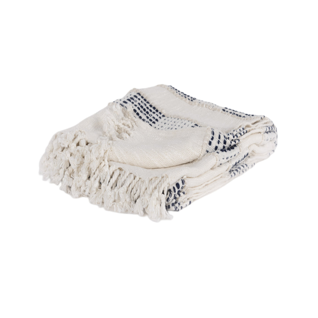 Ivory And Blue Woven Cotton Throw Blanket With Fringe