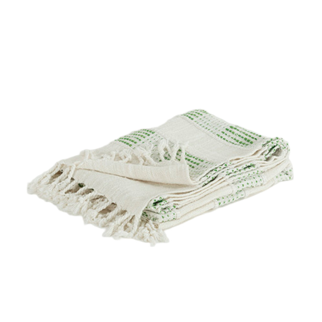Gray And Green Woven Cotton Throw Blanket With Fringe