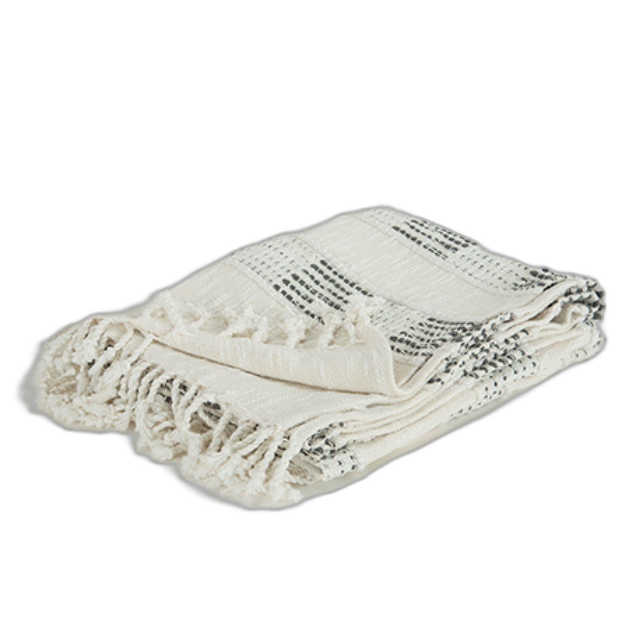 Beige And Gray Woven Cotton Throw Blanket With Fringe