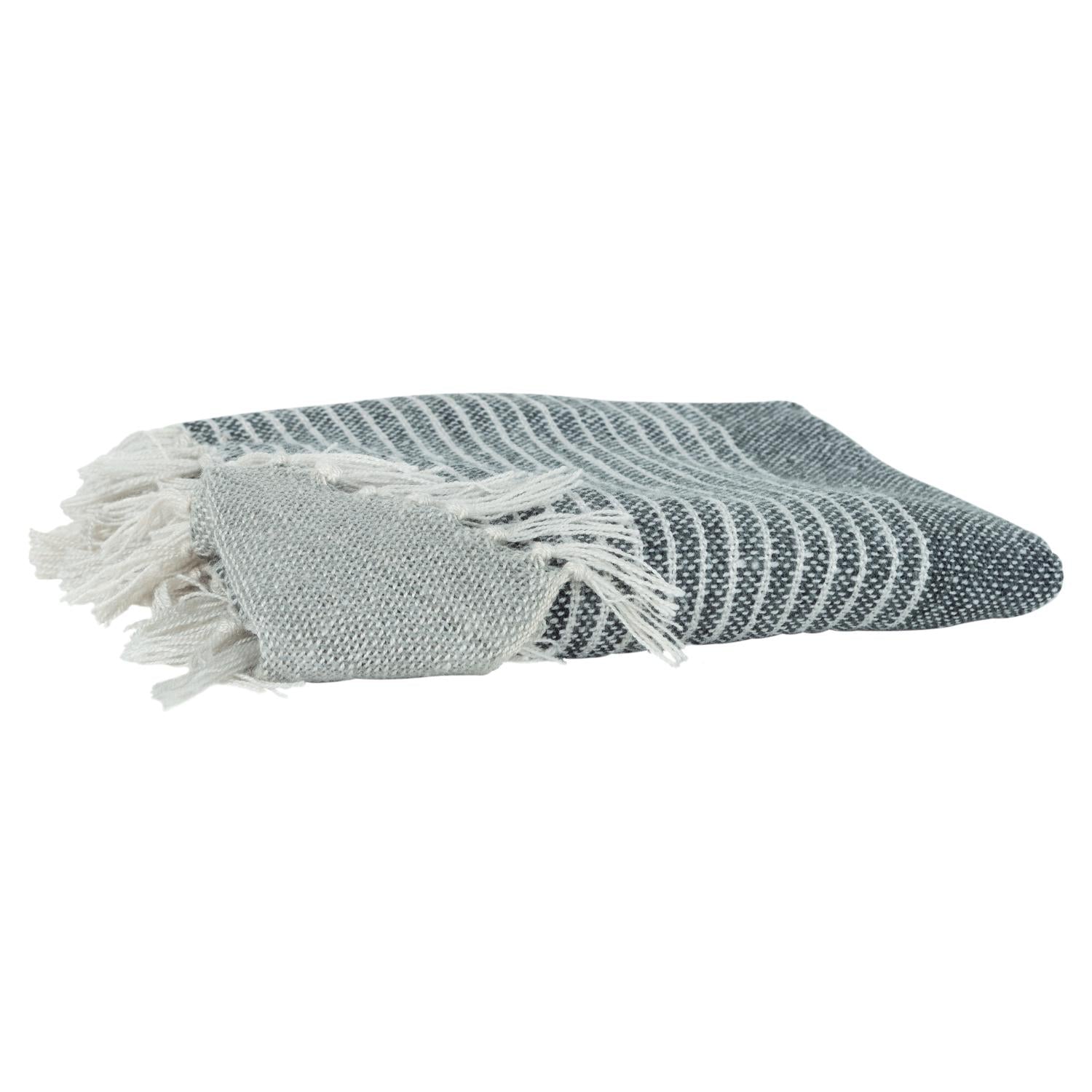 Gray And White Woven Recycled Pet Polyester Throw Blanket With Tassels