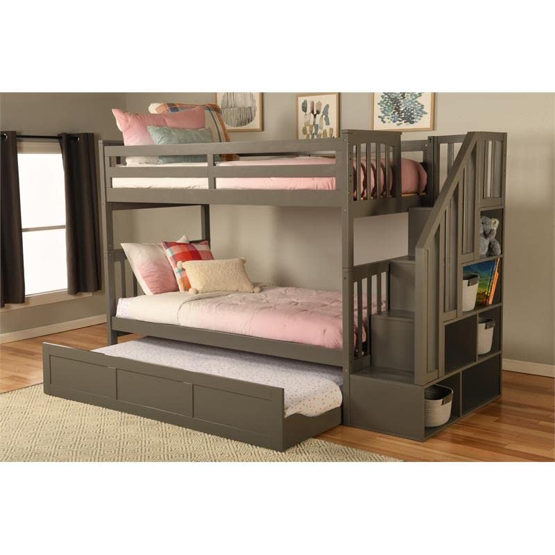 Kodiak Furniture Kelcie Twin/Twin Wood Bunk Bed with Storage and Trundle in Dark Gray