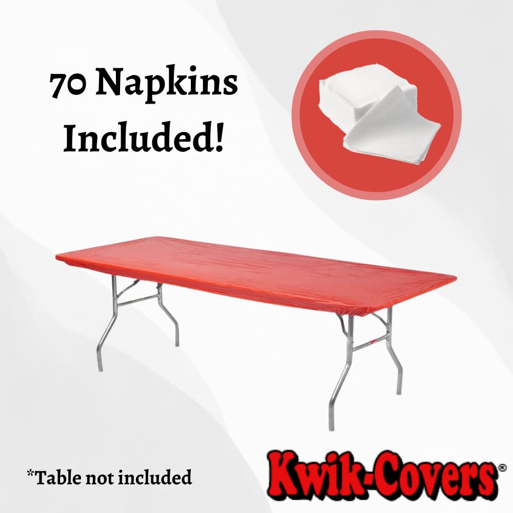 Kwik-Covers 6' Rectangular Plastic Table Covers Bundle Of 5 With Seventy (70) Ohm Commerce Paper Napkins - Indoor Or Outdoor Fitted Table Covers (Table Not Included) (30' X 72' Red)