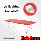 Kwik-Covers Rectangular Plastic Table Covers 8' Bundle Of 5 With Seventy (70) Ohm Commerce Paper Napkins - Indoor Or Outdoor Fitted Table Covers (Table Not Included) (30'X 96' Red)