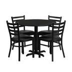 Flash Furniture Carlton 36'' Round Black Laminate Table Set with X-Base and 4 Ladder Back Metal Chairs - Black Vinyl Seat