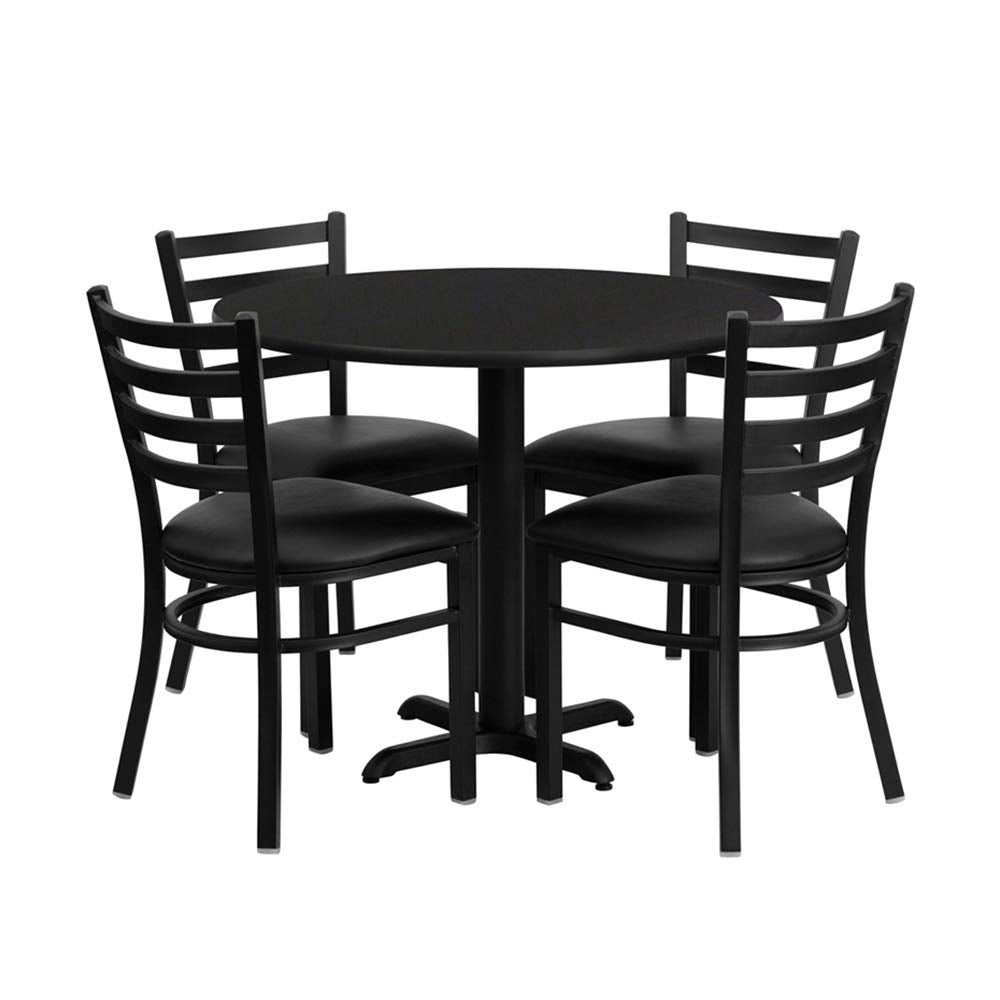 Flash Furniture Carlton 36'' Round Black Laminate Table Set with X-Base and 4 Ladder Back Metal Chairs - Black Vinyl Seat