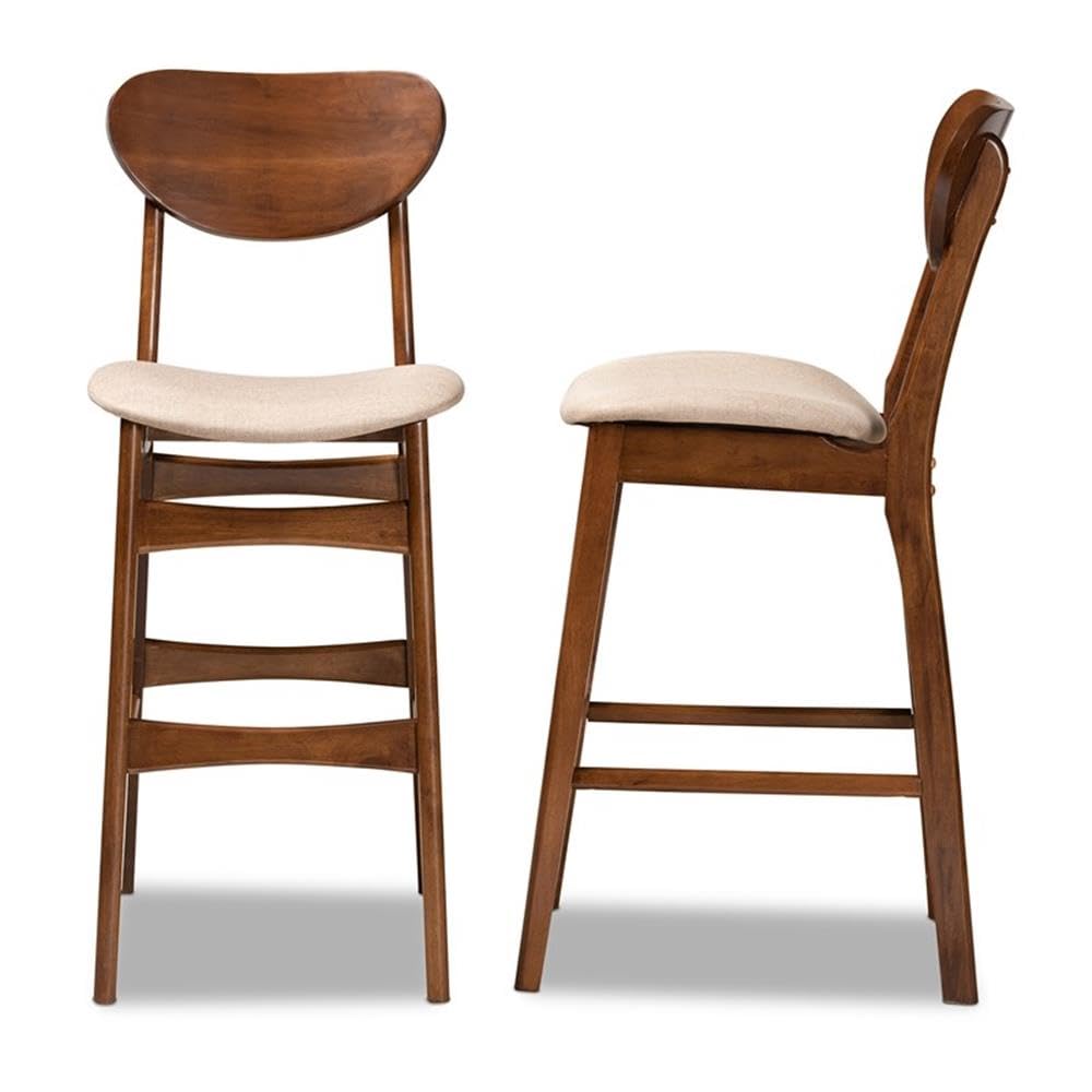 Baxton Studio Katya Mid-Century Modern Sand Fabric Upholstered and Walnut Brown Finished Wood 2-Piece Bar Stool Set