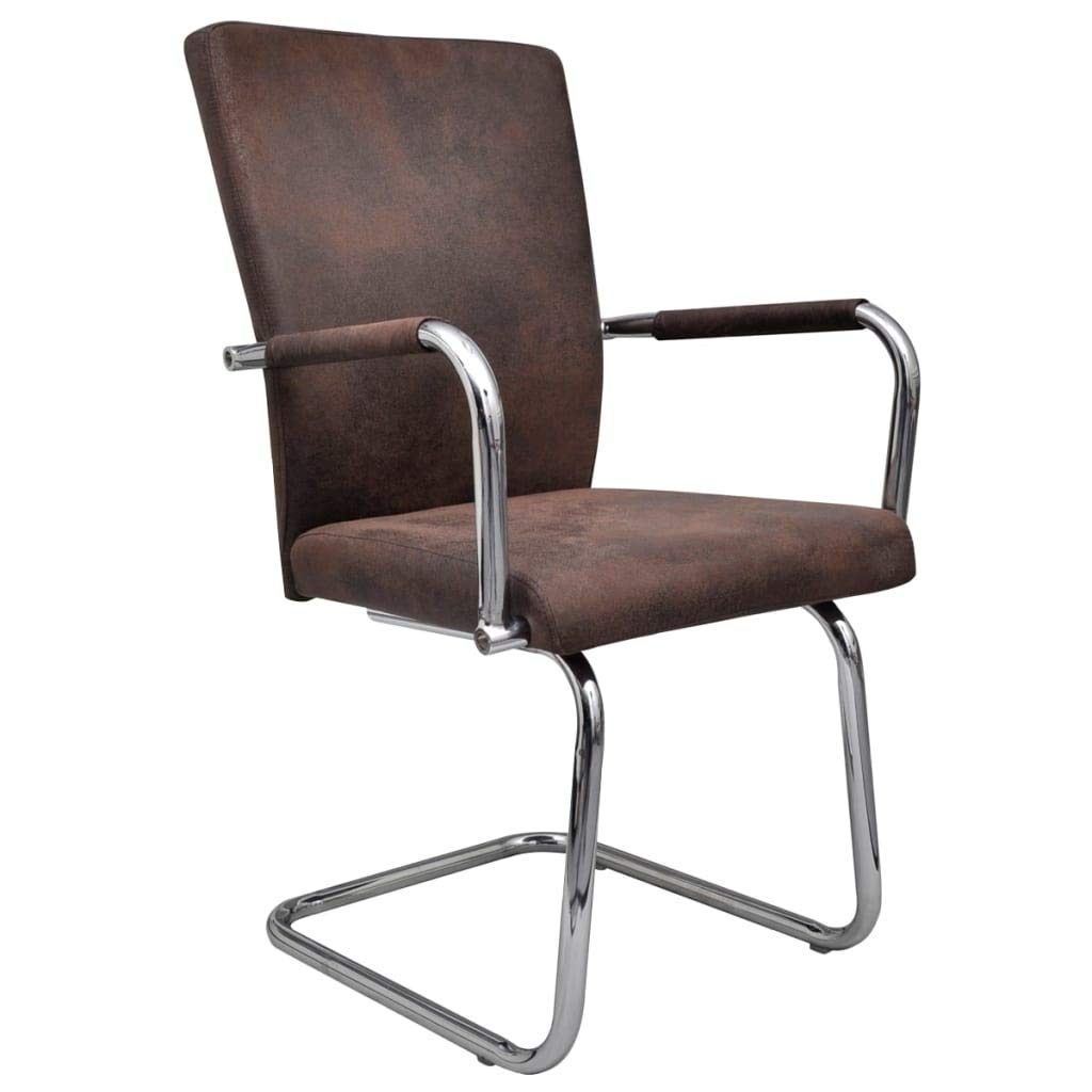 vidaXL Modern Cantilever Dining Chairs with Armrest - Set of 2, Faux Suede Leather and Powder-Coated Iron - Elegant Design, Padded Comfort, Brown