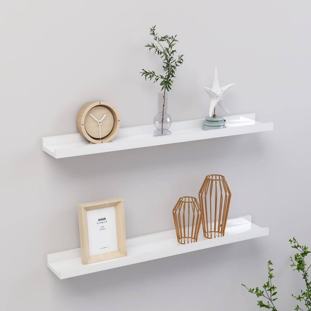 vidaXL Wall Mounted Shelves, Pair of 2, High Gloss White, 23.6&quot;x3.5&quot;x1.2&quot; - Durable MDF Material - Ideal for Books, Decorations, and Collectables