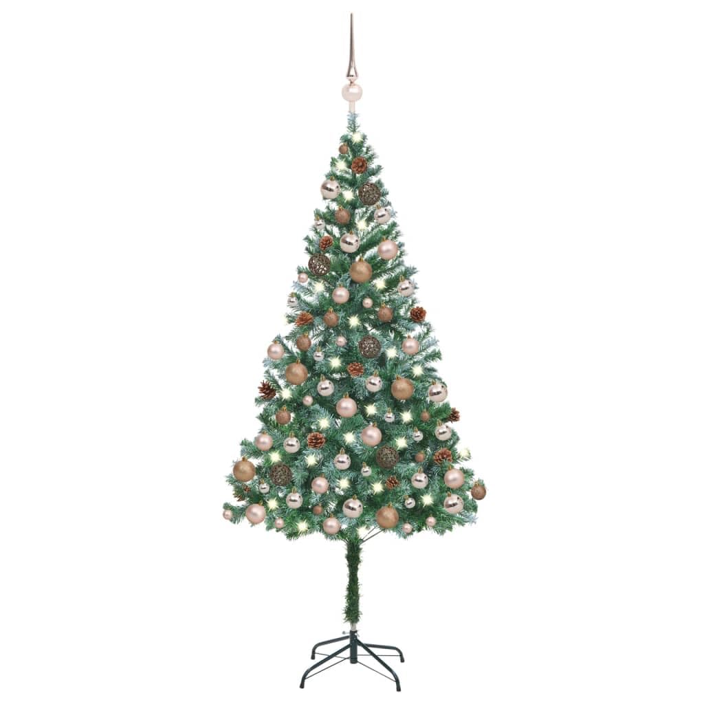 Vidaxl Artificial Pre-Lit Christmas Tree W/Balls & Pinecones - 70.9&quot; Led Xmas Tree - Frosted Tips, Shiny/Matt/Glitter Rose Gold Balls, Sturdy Stand Included - Green