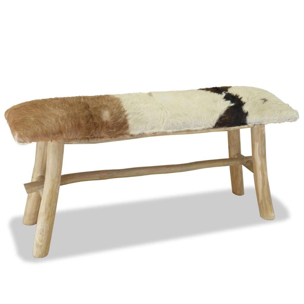 vidaXL Real Leather Teak Ottoman - Rectangular Bench Stool Chair for Home/Living Room/Dining, Multicolour Goat Leather Pattern, Pre-Assembled