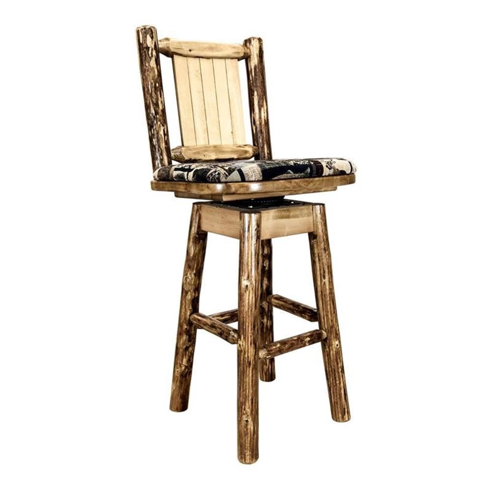 Montana Woodworks Glacier Country Collection Counter Height Barstool with Back & Swivel, Upholstered Seat, Woodland Pattern with Laser Engraved Bronc Design, Stained & Lacquered