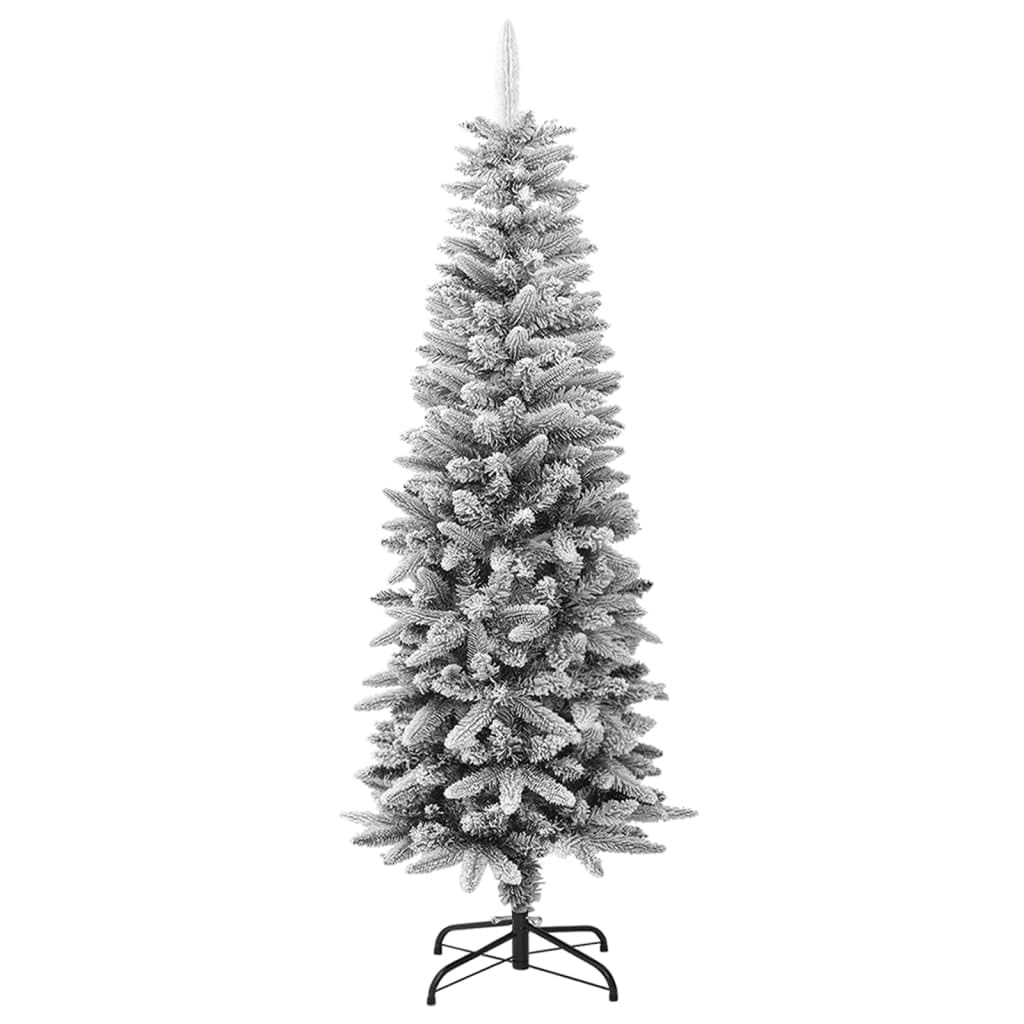 vidaXL 5ft Artificial Slim Christmas Tree with Flocked Snow, Hinged Design, Realistic PE & PVC Tips - Comes with Sturdy Steel Stand