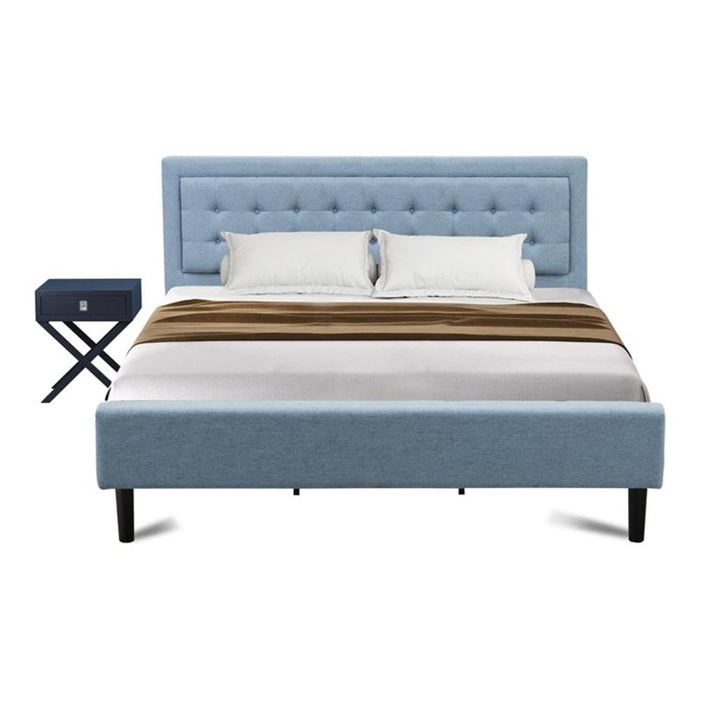 East West Furniture FN11K-1HA15 2-Piece Fannin King Size Bed Set with 1 Bed Frame and a Navy Blue Small Nightstand - Reliable and Sturdy Construction - Denim Blue Linen Fabric Bed