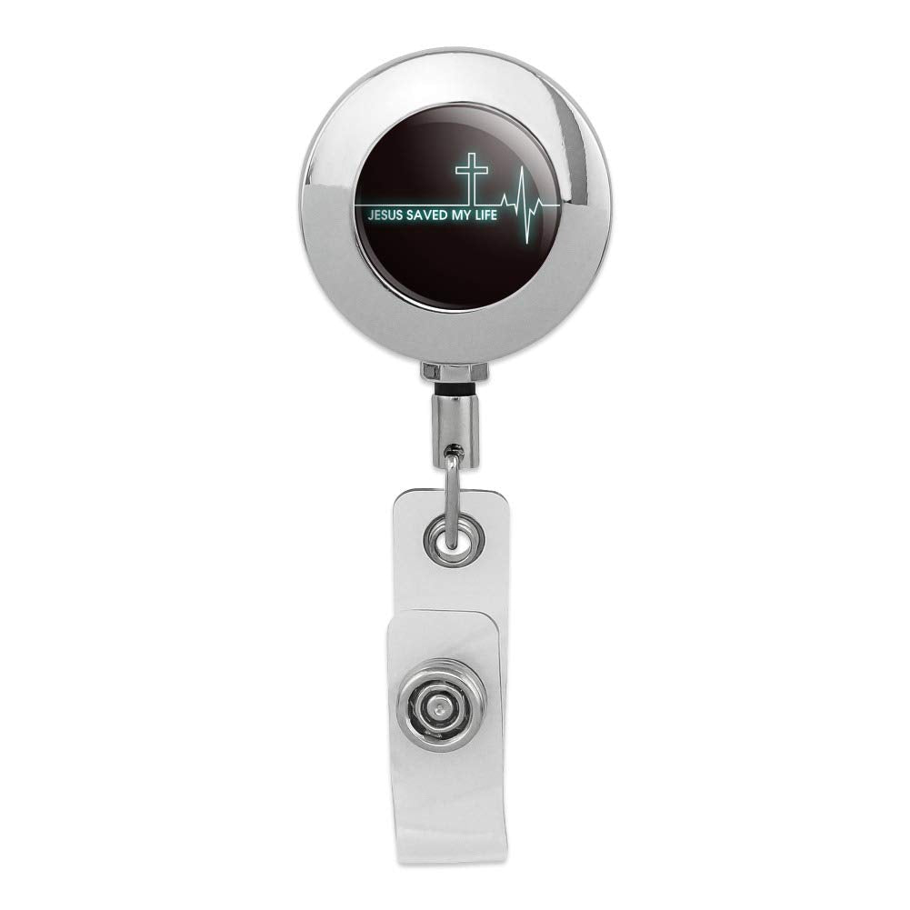 Jesus Saved My Life Ekg Heart Rate Pulse Religious Christian Retractable Reel Premium Metal Chrome Badge Id Card Holder Clip