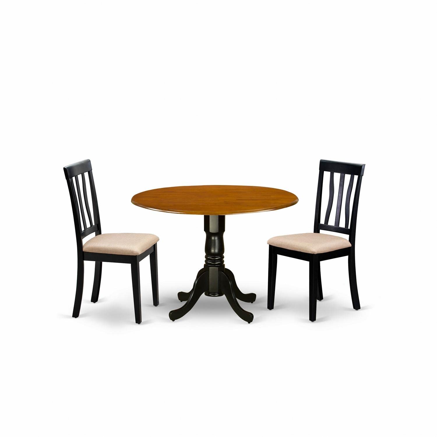 East West Furniture DLAN3-BCH-C 3 Piece Dining Room Table Set Contains a Round Kitchen Table with Dropleaf and 2 Linen Fabric Upholstered Dining Chairs, 42x42 Inch, Black & Cherry