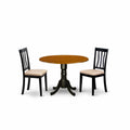 East West Furniture DLAN3-BCH-C 3 Piece Dining Room Table Set Contains a Round Kitchen Table with Dropleaf and 2 Linen Fabric Upholstered Dining Chairs, 42x42 Inch, Black & Cherry
