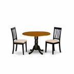 East West Furniture DLAN3-BCH-C 3 Piece Dining Room Table Set Contains a Round Kitchen Table with Dropleaf and 2 Linen Fabric Upholstered Dining Chairs, 42x42 Inch, Black & Cherry