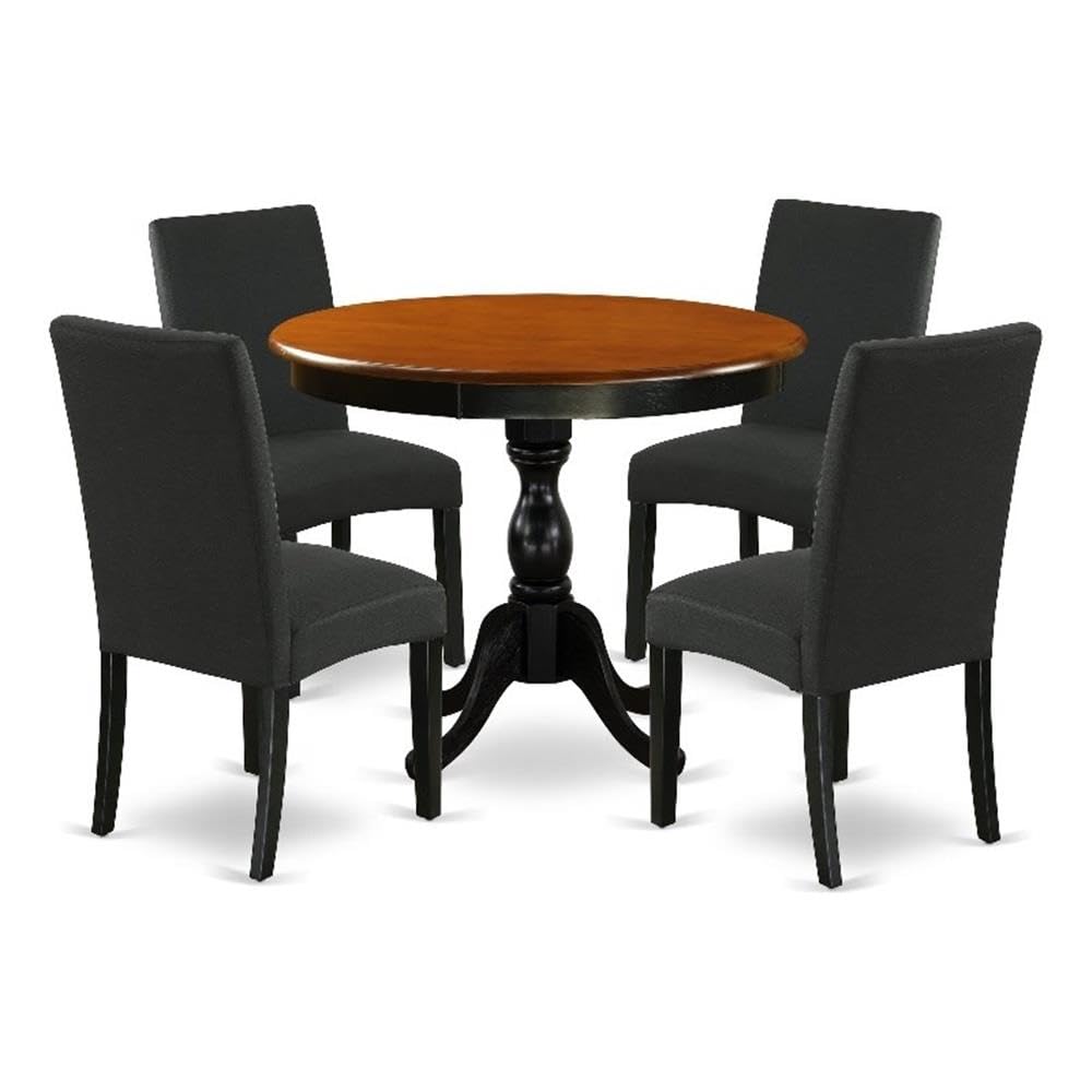 East West Furniture Amdr5-Bch-24 5 Piece Dining Table Set For 4 Includes A Round Kitchen Table With Pedestal And 4 Black Color Linen Fabric Upholstered Chairs, 36X36 Inch, Black & Cherry