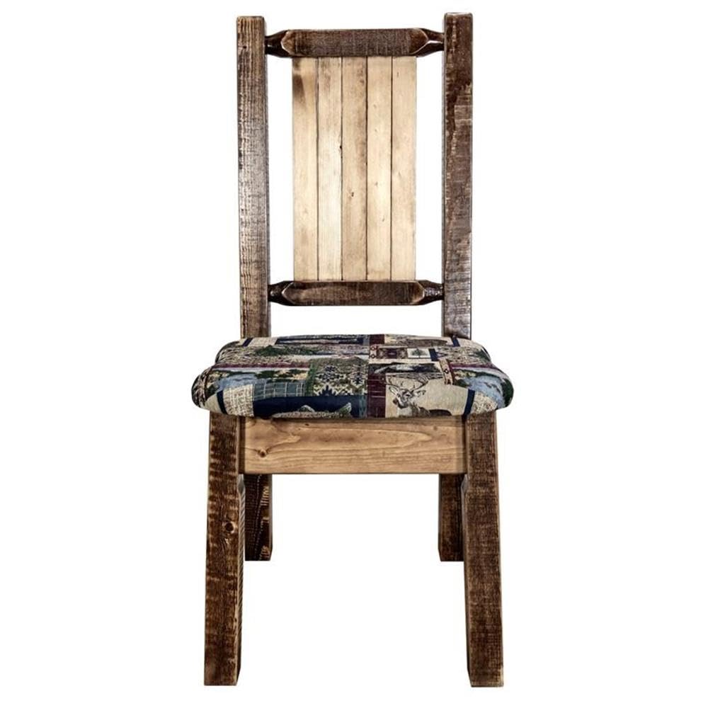 Montana Woodworks Homestead Collection Side Upholstered Chair, Woodland Pattern with Laser Engraved Pine Tree Design, Stain & Lacquer Finish