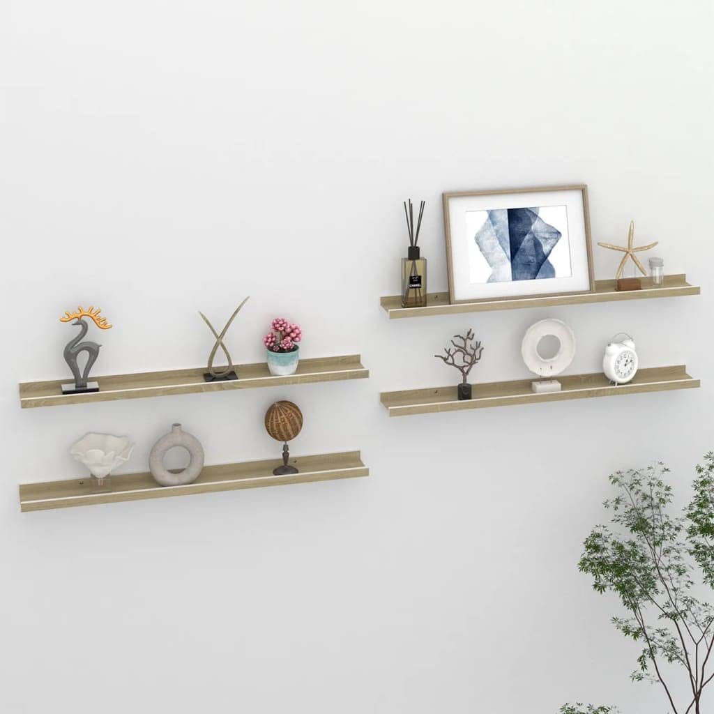vidaXL Modern Wall Shelves 4 pcs Durable MDF Assembly Required in White and Sonoma Oak, 31.5&quot;x3.5&quot;x1.2&quot; - Perfect for Books, Collectibles, and More!