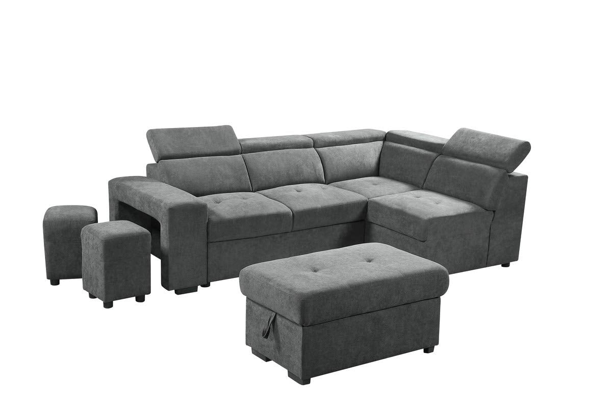 Lilola Home Henrik Light Gray Sleeper Sectional Sofa with Storage Ottoman and 2 Stools