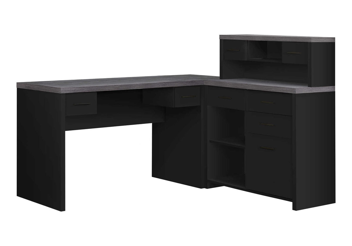 Monarch Specialties Computer Desk L-Shaped - Left or Right Set- Up - Corner Desk with Hutch 60'L (Black - Grey Top)