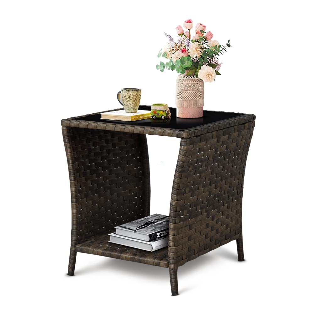 Fizzeey Outdoor Side Table - Outdoor Wicker Side End Tables For Patio W/Storage Shelf, Brown