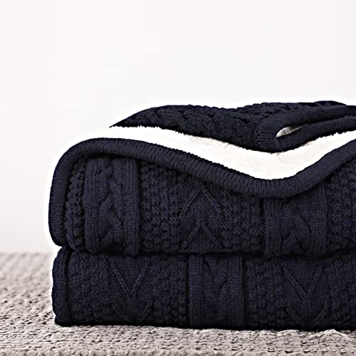 Longhui Bedding Acrylic Cable Knit Sherpa Throw Blanket - Thick, Soft, Big, Cozy Navy Knitted Fleece Blankets For Couch, Sofa, B