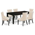 East West Furniture Lgfr7-Blk-02 7 Piece Dining Set Consist Of A Rectangle Dining Room Table With Butterfly Leaf And 6 Light Beige Linen Fabric Upholstered Chairs, 42X84 Inch, Black