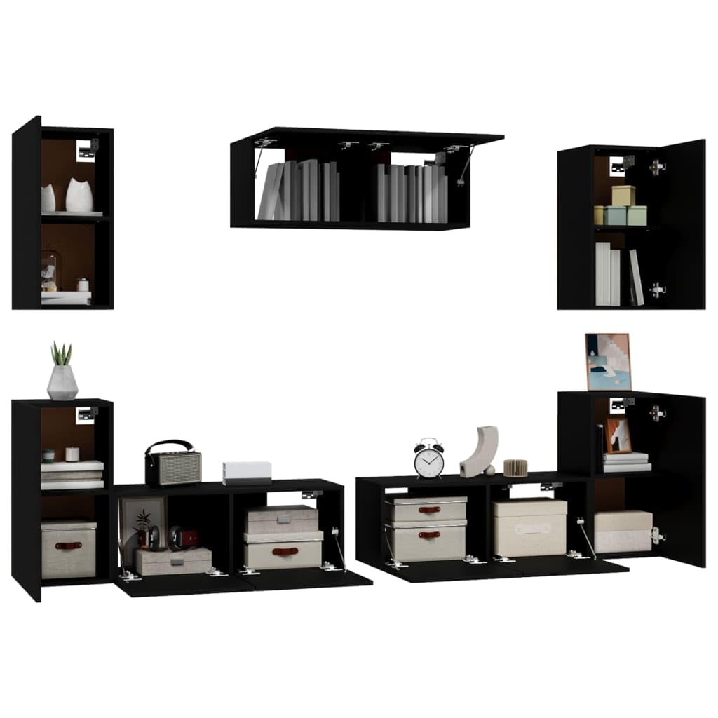 vidaXL TV Stand Set 7 Piece, Wall Mounted Entertainment Center, TV Stand Console with Storage, Modern Style, Black Engineered Wood