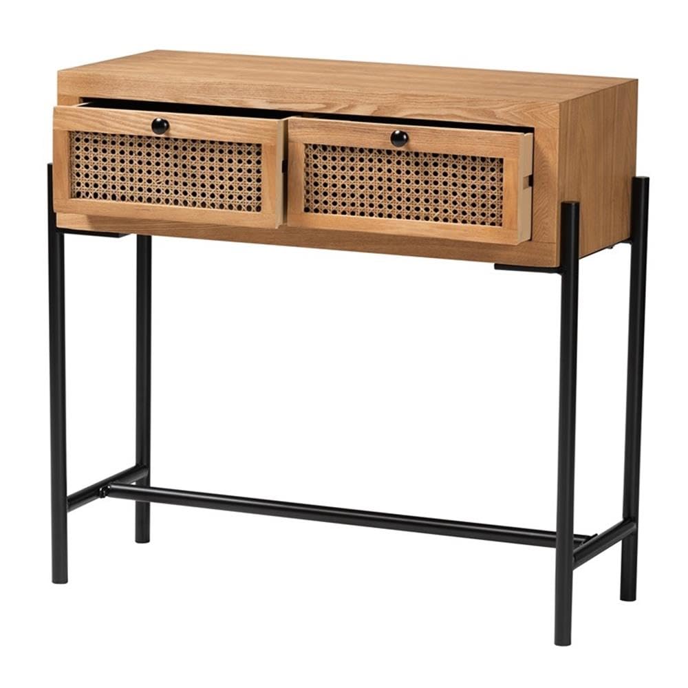 Baxton Studio Santino Natural Brown Wood and Black Metal 2-Drawer Console Table