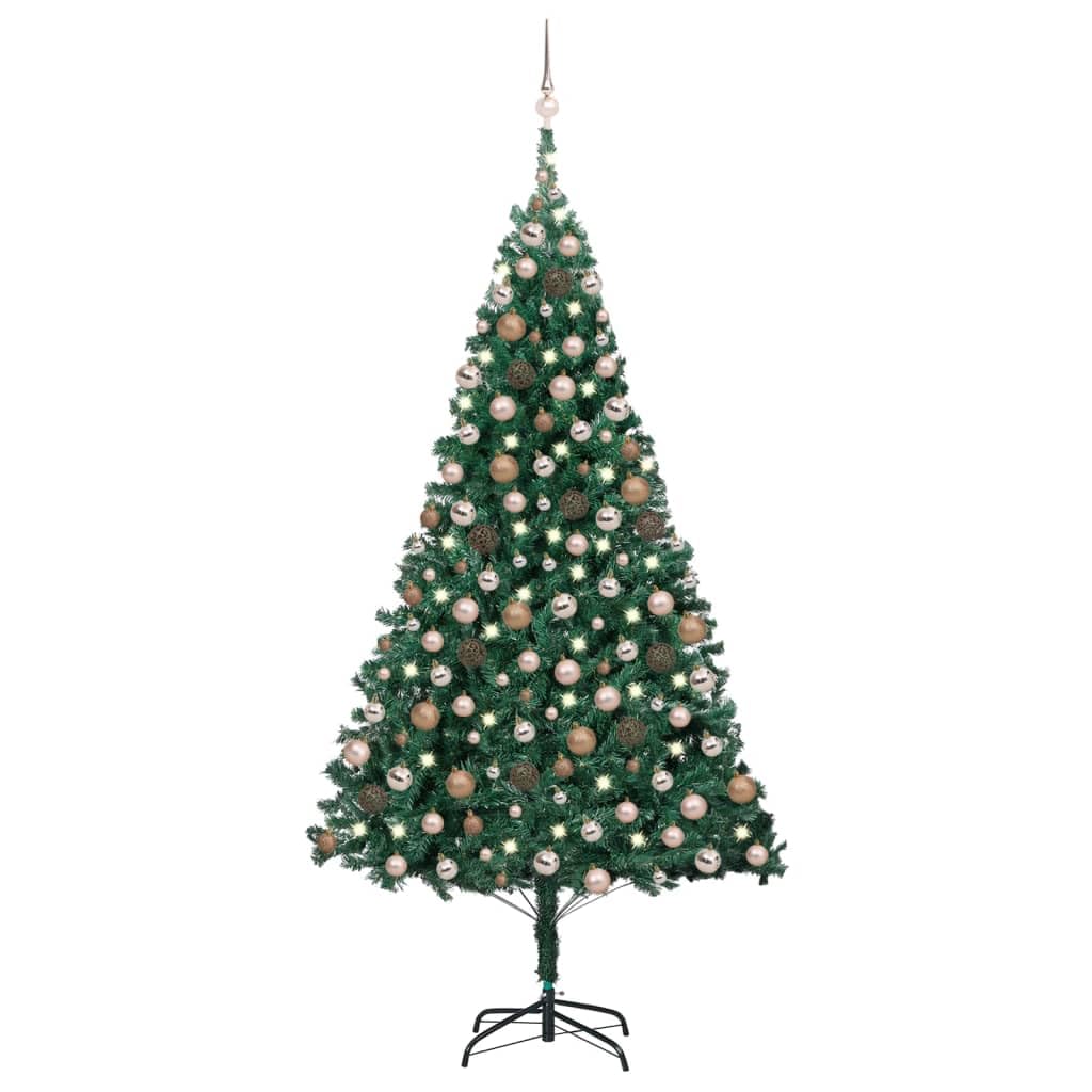 vidaXL Artificial Xmas Tree - Pre-lit with Rose Gold Balls & LED Lights - 94.5&quot; Tall, 300 LEDs - Economical Reusable Plastic Christmas Tree with Metal Stand - Green/Gold