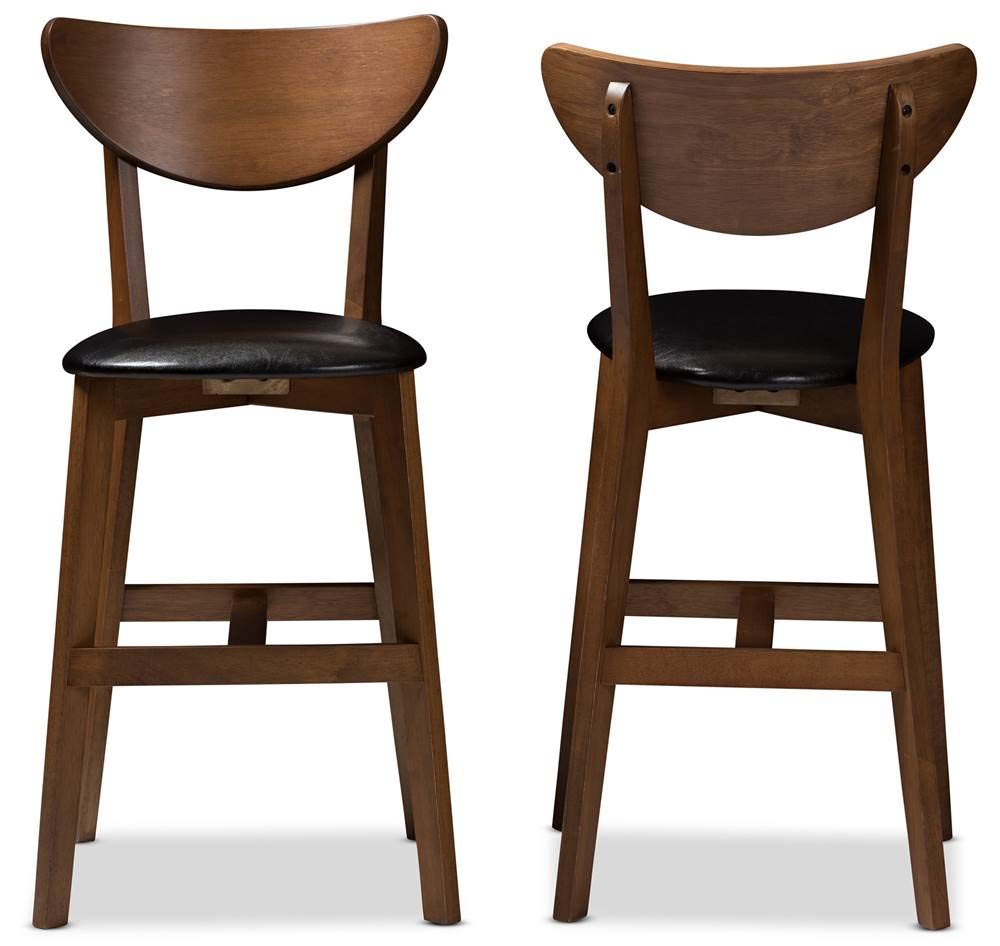 Baxton Studio Eline Mid-Century Modern Black Faux Leather Upholstered Walnut Finished Counter Stool Set Black/Qty 2/Medium Wood/Mid-Century/Faux Leather/Rubber Wood/Foam
