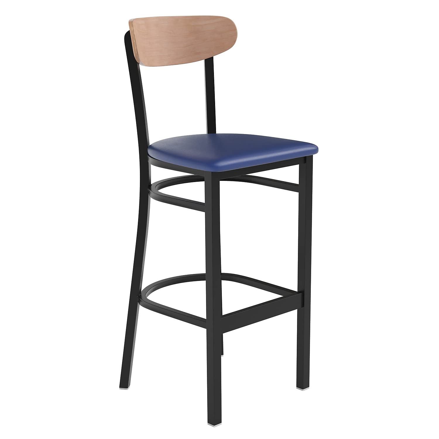 Flash Furniture Wright Commercial Barstool - Natural Birch Finish Wood Boomerang Back - Blue Vinyl Seat - 500 Lb. Capacity Black Steel Frame - Integrated Footrest