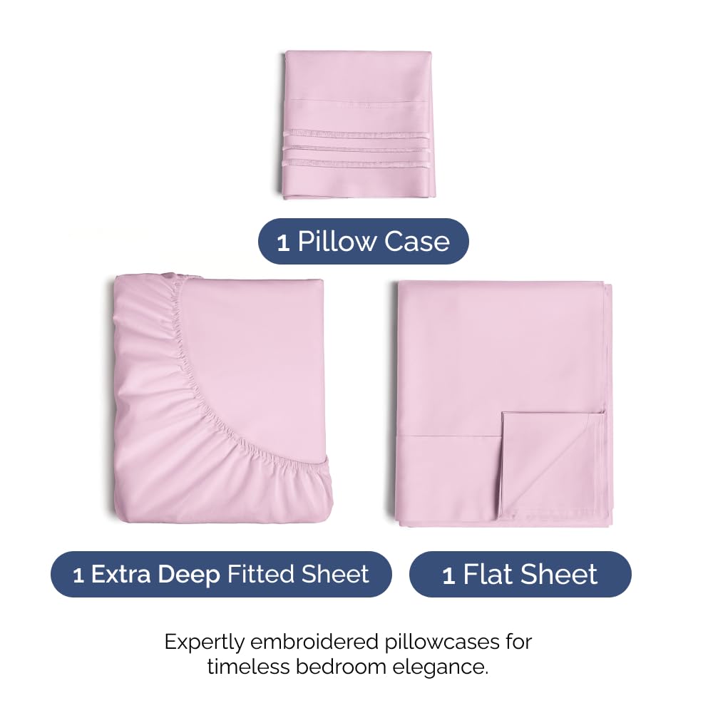 Extra Deep Pocket Twin Sheets - 3 Piece Breathable & Cooling Bed Sheets - Hotel Luxury Bed Sheet Set - Soft, Wrinkle Free & Comfy - Easily Fits Extra Deep Mattresses - Deep Pocket Light Pink Sheets