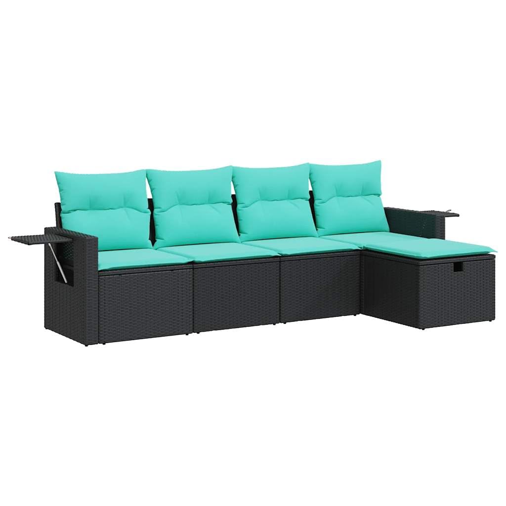 vidaXL 5-Piece Outdoor Patio Garden Sofa Set - Black Poly Rattan with Washable Blue Cushions and Storage - UV and Weather-Resistant, Ideal for Terrace, Backyard, Deck, or Balcony use