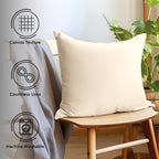Cotton Canvas Throw Pillow Covers By Encasa Pack Of 2 Natural 16'X16' No Insert With Hidden Zipper | Decorative Cushion Covers