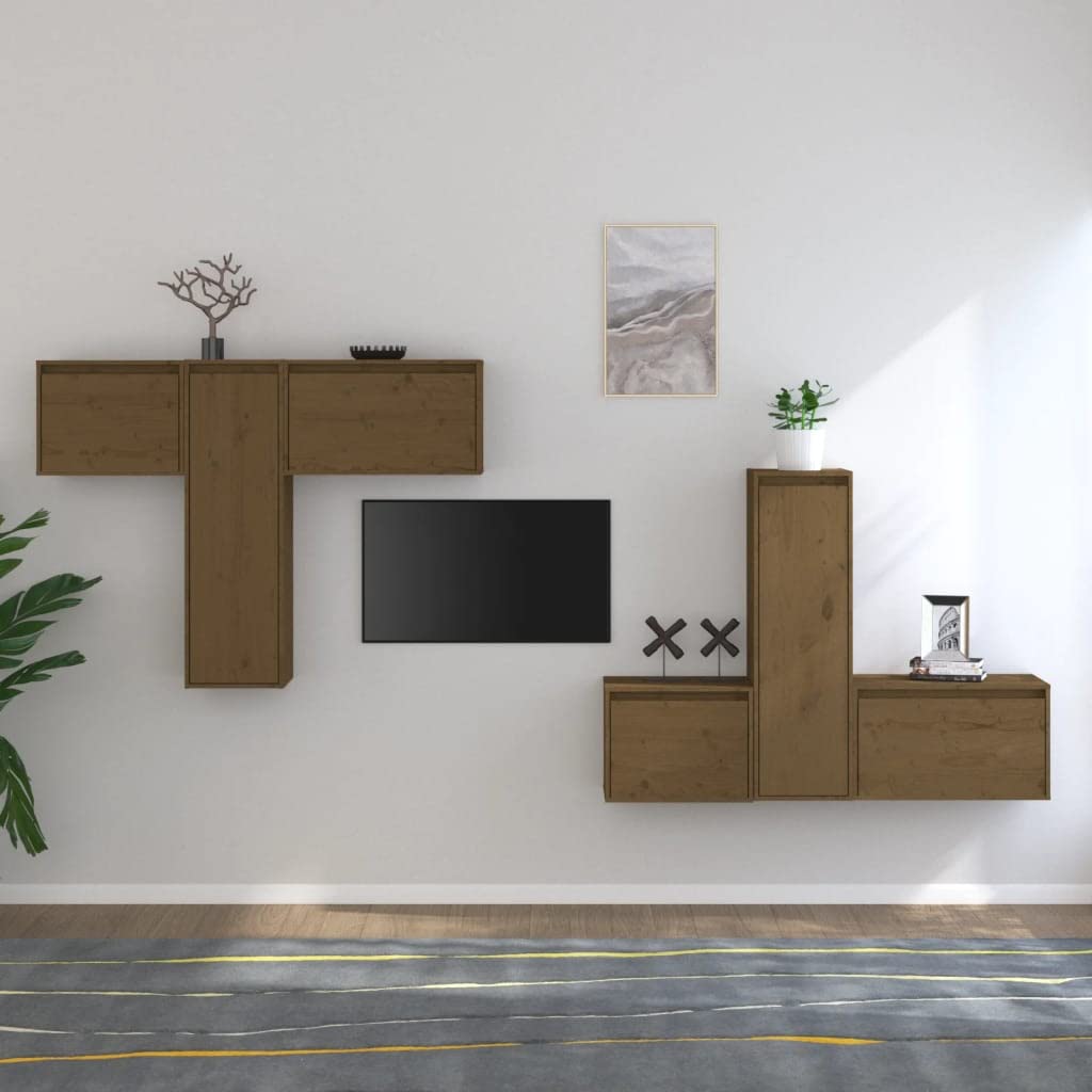 vidaXL TV Stand 6 Pcs, Wall Mounted Entertainment Center TV Console with Storage, Floating TV Stand for Living Room, Honey Brown Solid Wood Pine