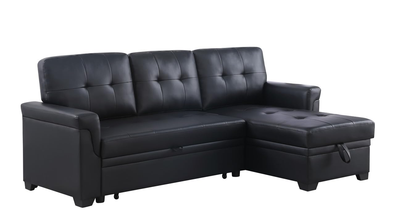 Lilola Home Lucca 83.5" W Black Vegan Leather Modern Reversible Sleeper Sectional Sofa with Storage Chaise