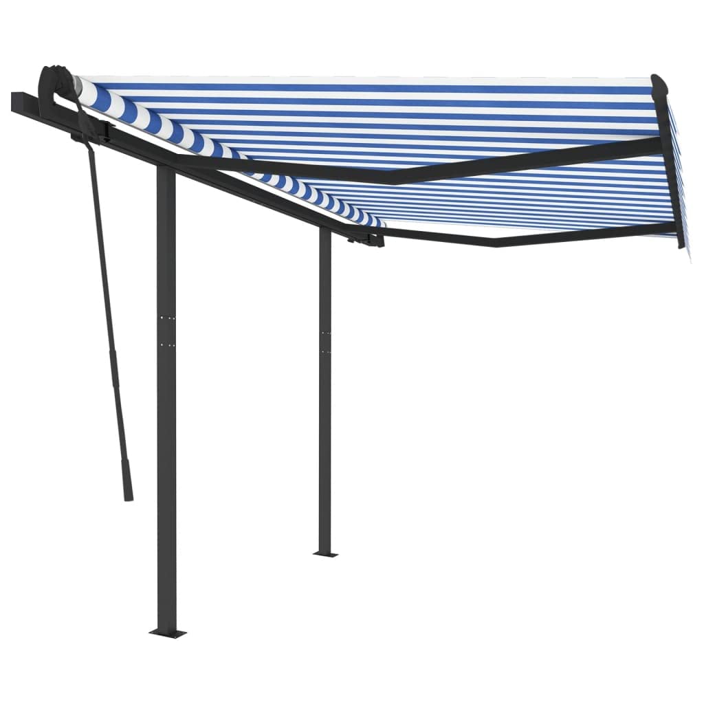 vidaXL Manual Retractable Awning with Posts for Patio, 9.8'x8.2' - UV-Resistant and Waterproof Polyester Fabric with PU Coating, Blue and White Striped - Rust-Resistant Powder-Coated Aluminum Frame