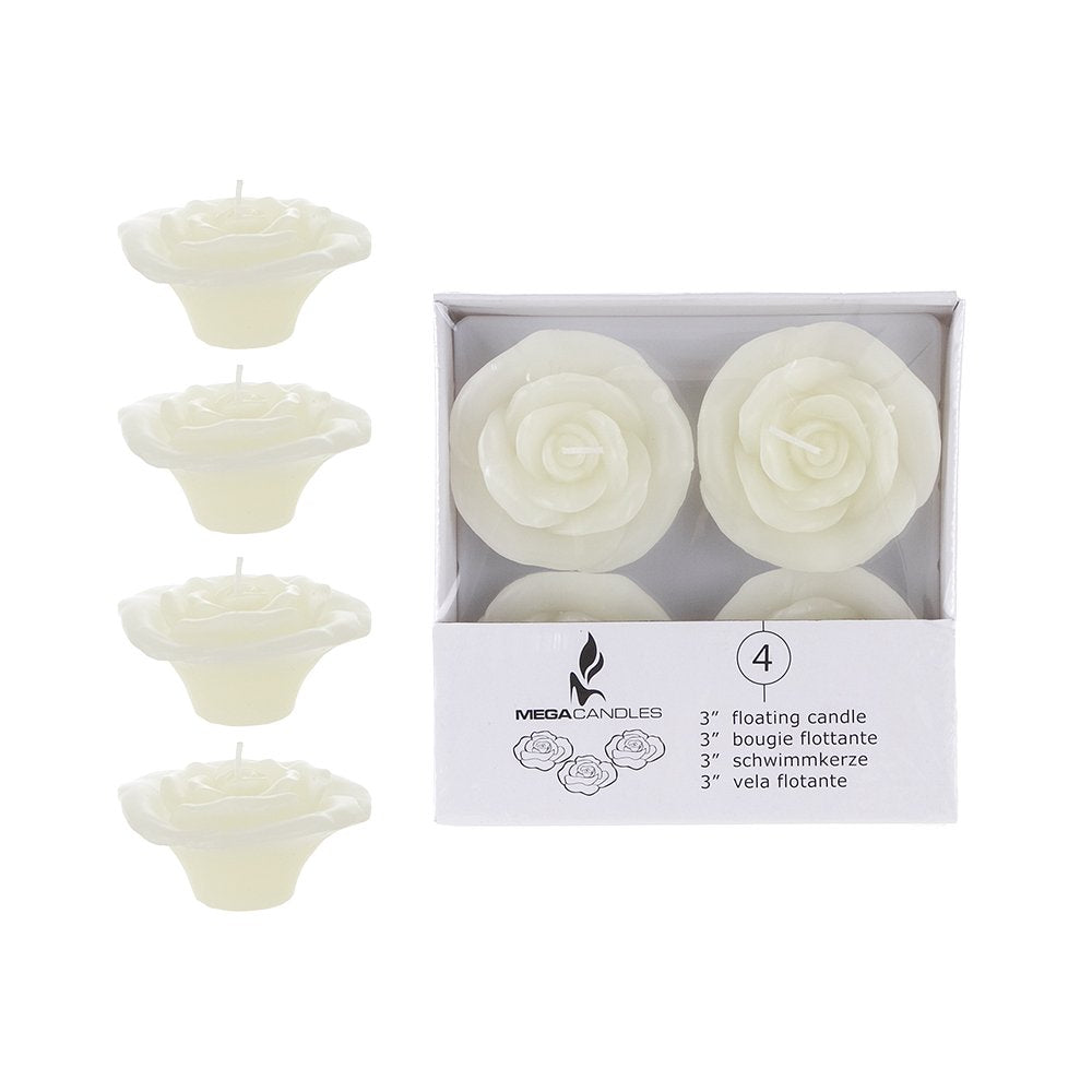 Mega Candles - Unscented 3 Floating Rose Flower Candles - Ivory, Set of 12