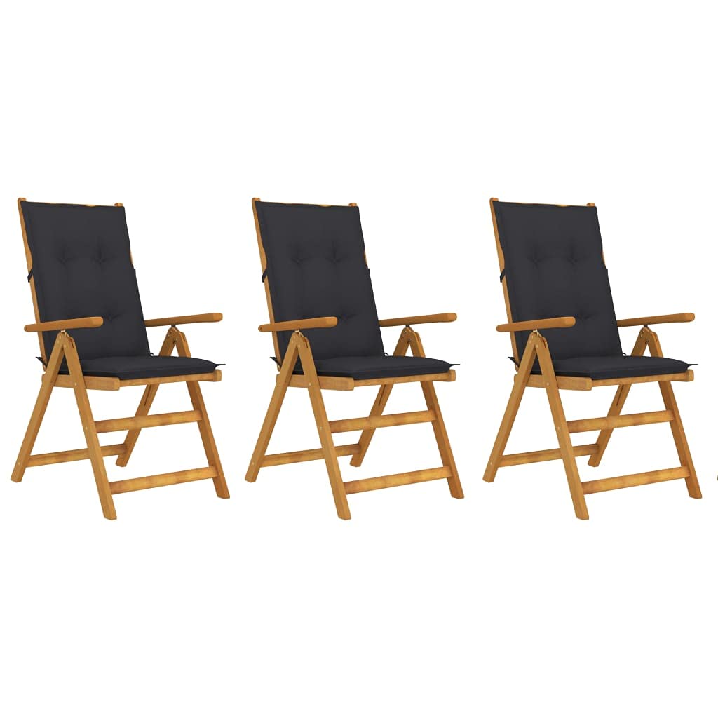 vidaXL Solid Acacia Wood Folding Patio Chairs - Set of 3 - with 5 Adjustable Reclining Positions, Comfortable Cushions, Easy Storage & Assembly, Perfect for Garden, Terrace, Patio