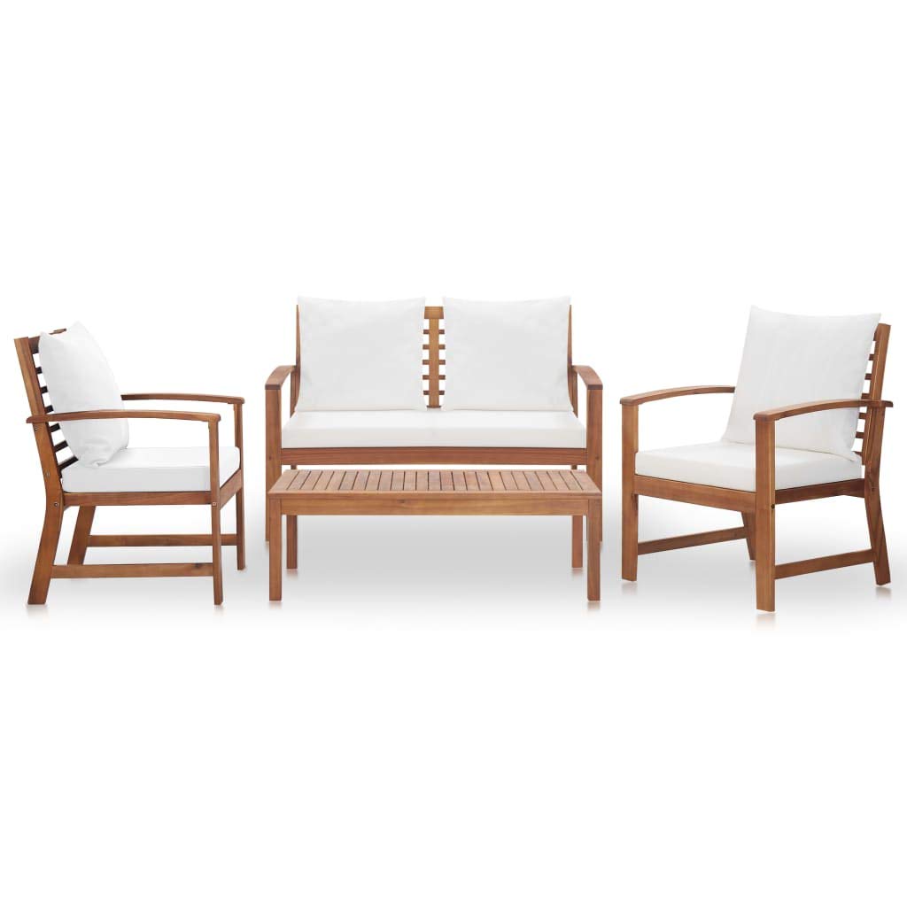 vidaXL 4-Piece Outdoor Lounge Set - Solid Acacia Wood Garden Furniture with Cream White Cushions - Includes Table, Bench, and Chairs