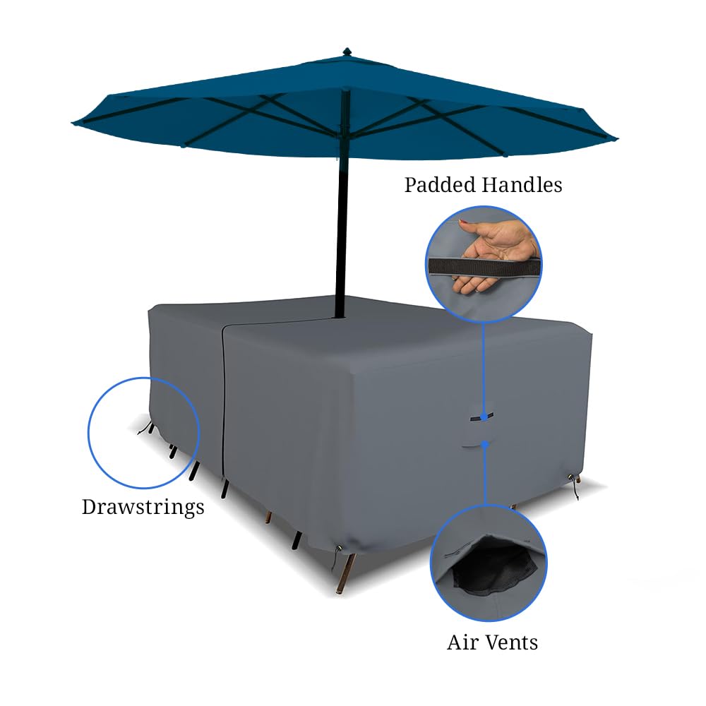 Covers & All Rectangle Table & Chair Set Cover, Umbrella Hole, 12 Oz Waterproof Uv & Weather Resistant, Patio Lawn Garden Backyard Furniture, Air Vents & Drawstrings (108'L X 82'W X 23'H, Gray)