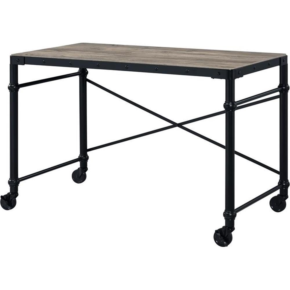 Acme Oklarth Wooden Top Writing Desk with Wheels in Rustic Oak and Black