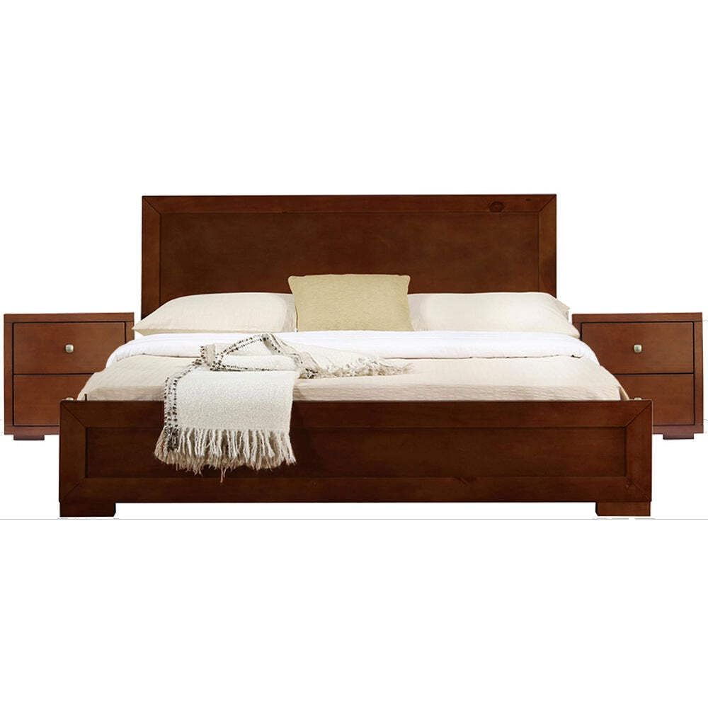 Trent Wooden Platform Bed in Walnut, King with 2 Nightstands